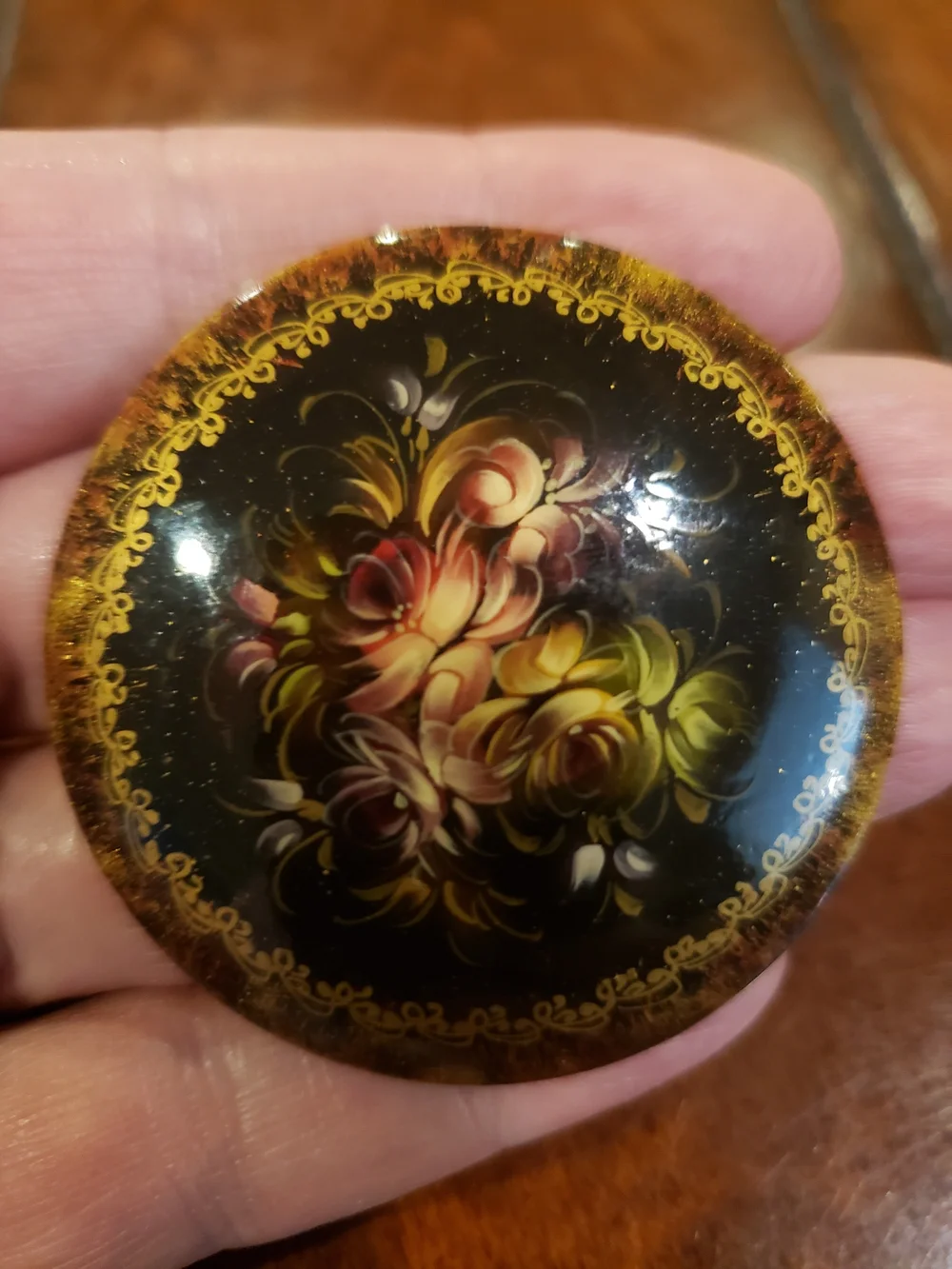 Vtg Floral Hand-Painted Round Brooch in Black with Pink & Gold Accents